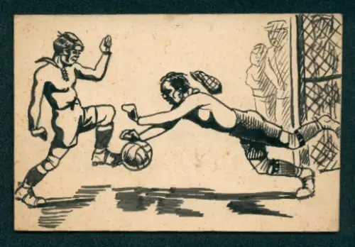 Handzeichnung Torwart springt beim Fussballspiel nach einem Ball