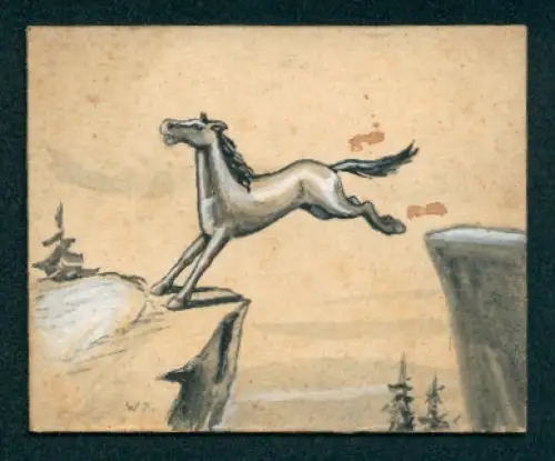 Handzeichnung Pferd springt über eine Schlucht