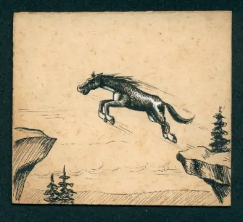 Handzeichnung Pferd beim Sprung über eine Schlucht