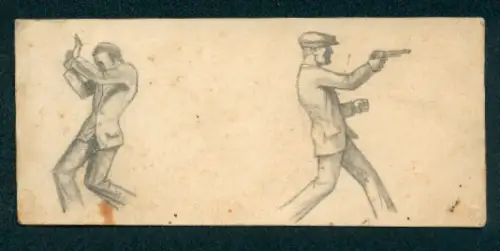 Handzeichnung Mann mit Pistole und ängstlicher Mann mit erhobenen Händen