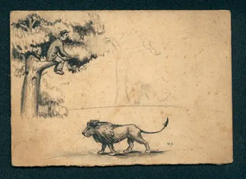 Handzeichnung Mann versteckt sich auf einem Baum vor einem Löwen