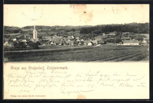 AK Grafendorf /Oststeiermark, Panorama mit Kirche und Gehöften