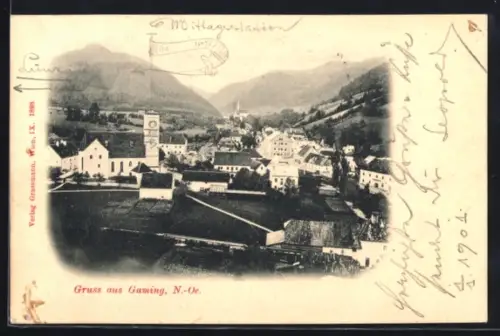 AK Gaming /N.-Oe., Ortsansicht mit Kirche und Bergpanorama