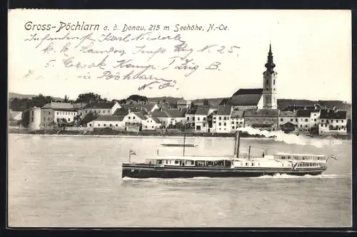AK Gross-Pöchlarn a. d. Donau, Ortsansicht mit Dampfschiff und Kirche