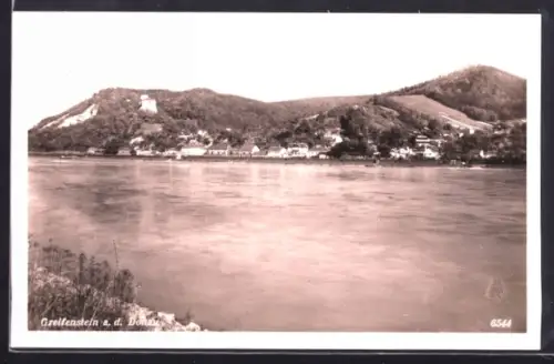 AK Greifenstein a. d. Donau, Donauufer mit Hügelpanorama