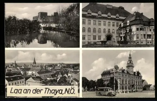 AK Laa an der Thaya, Ortspanorama, Kleinbus im Ort, Blick über die Dächer