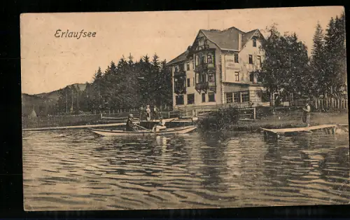 AK Erlaufsee, Panorama mit Haus und Ruderbooten