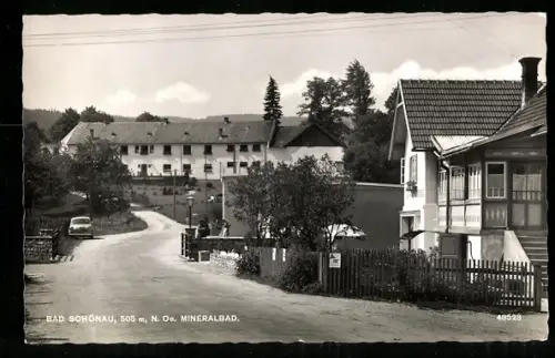 AK Bad Schönau /N. Oe., Cafe Konditorei mit Strassenpartie