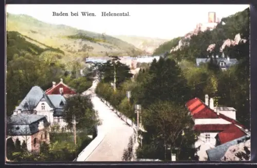AK Baden bei Wien, Helenental, Strassenpartie mit Villen und Burg auf dem Hügel