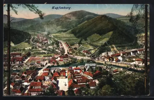 AK Kapfenberg, Stadtpanorama mit Fluss und Bergen