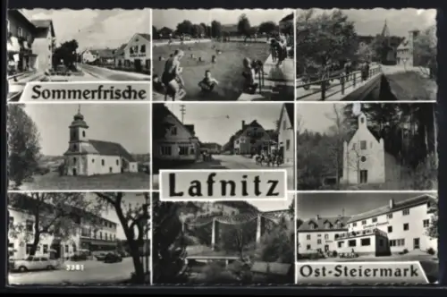 AK Lafnitz /Ost-Steiermark, Ortsansichten mit Kirche und Brücke, Schwimmbad