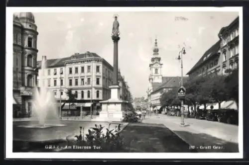 AK Graz, Am Eisernen Tor mit Brunnen und Mariensäule