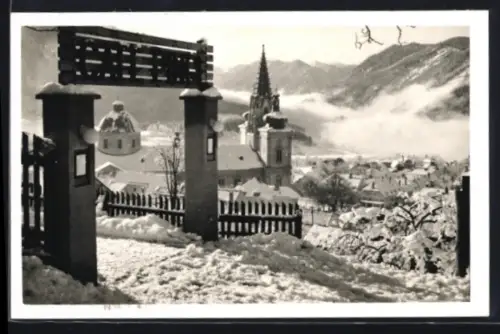 AK Mariazell, Panorama mit Basilika im Winter