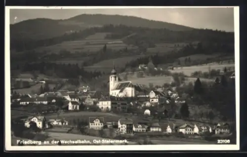 AK Friedberg an der Wechselbahn, Panorama mit Kirche