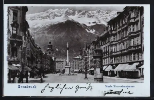 AK Innsbruck, Maria Theresienstrasse mit Annasäule und Gebirgspanorama