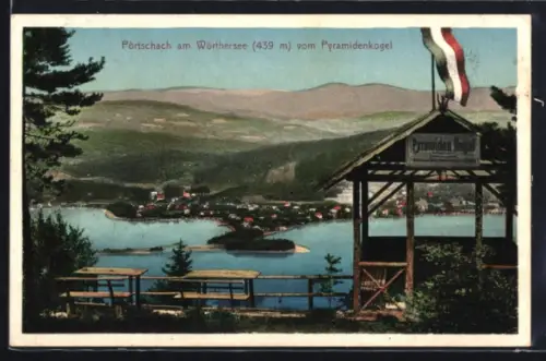 AK Pörtschach am Wörthersee, Blick vom Pyramidenkogel auf See und Ort