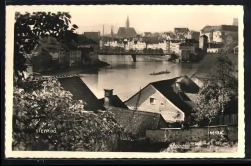 AK Steyr /O. Ö., Panorama mit Fluss und Brücke