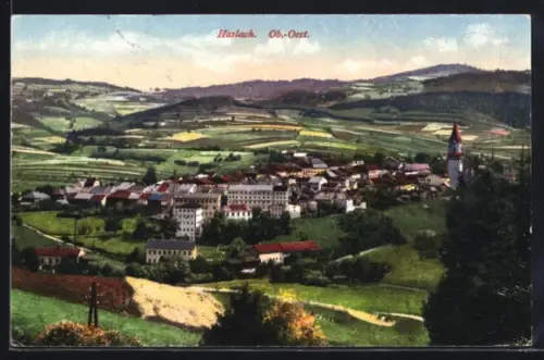 AK Haslach /Ob. Öst., Panorama mit Kirche