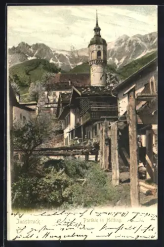 AK Innsbruck, Partie in Hötting, Dorfansicht mit Kirche und Bergpanorama