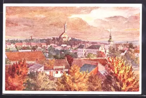 Künstler-AK Mistelbach, Panorama mit Kirchen und Ortschaft