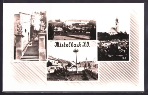 AK Mistelbach /N.Ö., Marktplatz mit Brunnen, Kirche, Treppenaufgang mit Figuren