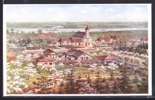 Künstler-AK Maria Ellend a. d. Donau, Frühlingspanorama mit Kirche und blühenden Obstgärten