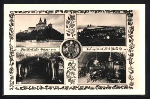 AK Melk a. B., Stift, Panorama und Kellerstube