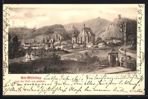 Lithographie Alt-Mödling, Von der Bahn aus gesehen, Panorama mit Kirche und Ort