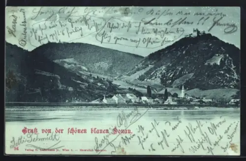 Mondschein-AK Wien, Donaupanorama mit Kirche und Burg auf dem Hügel
