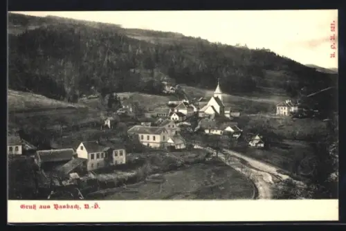 AK Hasbach /N.-Ö., Panorama mit Kirche