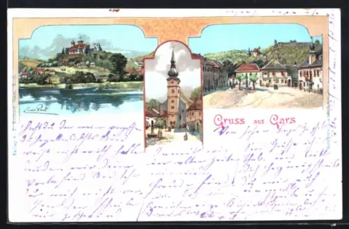 Künstler-AK Gars, Schloss, Kirche, Ortsstrasse am Fluss