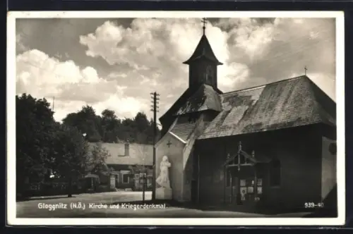 AK Gloggnitz /N.-Ö., Kirche und Kriegerdenkmal
