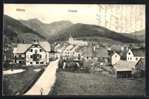 AK Aflenz, Eingang, Dorfansicht mit Kirche und Bergen