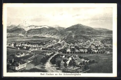 AK Bad Fischau an der Schneebergbahn, Panorama mit Ort und Bergen