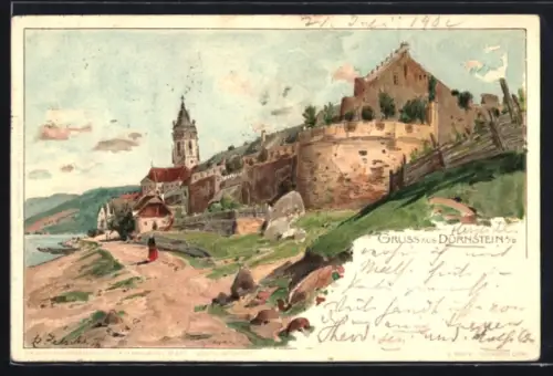 Lithographie Dürnstein a. D., Ortsansicht mit Burgruine und Kirche