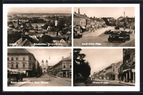 AK Amstetten /Niederdonau,  Platz, Bahnhofstrasse mit Herz-Jesu-Kirche, Wienerstrasse