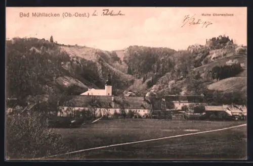 AK Bad Mühllacken /Ob.-Oest., Ortsansicht mit Kirche und Ruine Oberwallsee