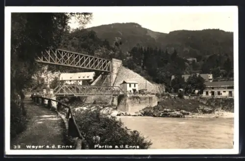 AK Weyer a.d. Enns, Flussufer mit Brücken