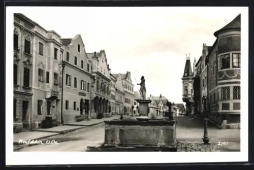 AK Neufelden /Ob. Öst., Platz mit Brunnen und Häuserzeile