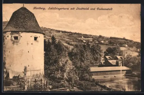 AK Hartberg, Schölbingerturm mit Stadtteich und Badeanstalt