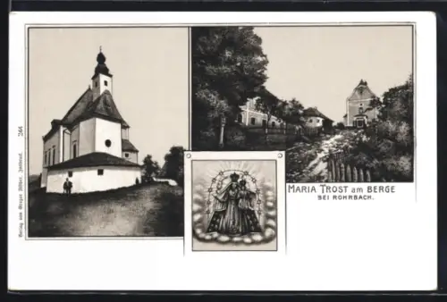 Lithographie Maria Trost am Berge, Kirche, Ortspartie, Gnadenbild