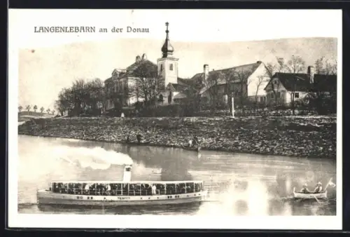 AK Langenlebarn an der Donau, Flusspartie mit Dampfer und Kirche