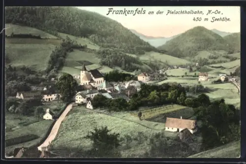 AK Frankenfels an der Pielachthalbahn, Ortspanorama mit Kirche aus der Vogelschau