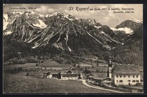 AK St. Rupert am Kulm, Dorfansicht mit Kirche und Bergpanorama