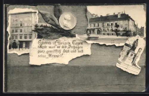AK Salzburg, Collage mit Mozarts Wohnhaus, Mozartmünze, Standbild