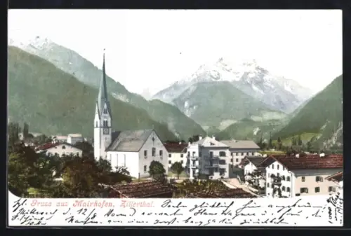 AK Mayrhofen /Zillertal, Ortsansicht mit Kirche und Bergpanorama