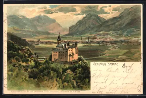 Lithographie Innsbruck, Schloss Amras mit Tal- und Gebirgspanorama
