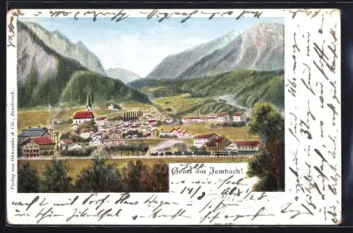 Künstler-AK Jembach, Ortsansicht mit Kirche und Gebirgszug, Eisenbahn