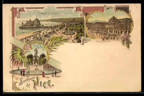 Lithographie Nice, Promenade des Anglais, Casino Municipal, Statue Garibaldi