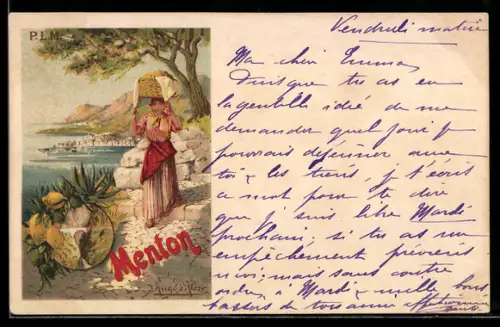 Lithographie Menton, Vue sur la côte